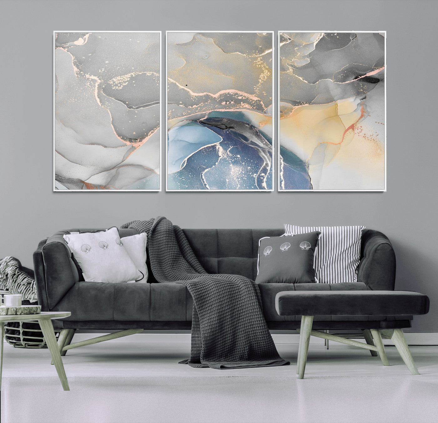 -Abstract Fluid Art Wall Decor – Blue, Gray & Gold Canvas Print, Modern Home and Office Wall Art Decor for Living Room, Bedroom or Workspace