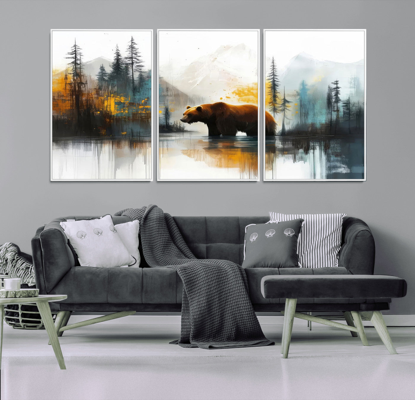 A majestic bear stands by the serene waters of a misty forest, surrounded by towering trees and distant mountains, evoking the raw beauty and wild spirit of nature.