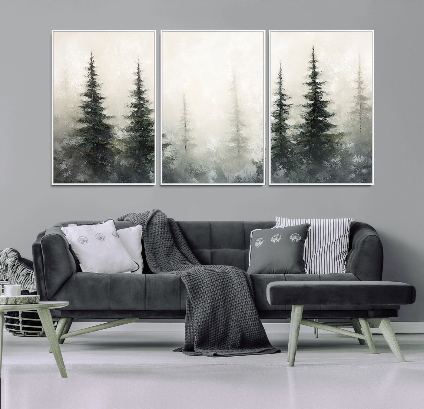 Soft and misty pine forest painting in neutral earthy tones, ideal for calm woodland or minimalist rustic home decor.