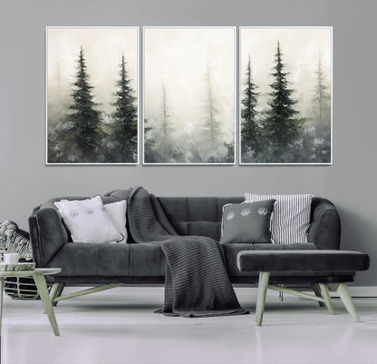 Soft and misty pine forest painting in neutral earthy tones, ideal for calm woodland or minimalist rustic home decor.