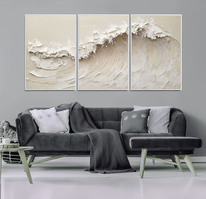 Textured canvas of an abstract white ocean wave in neutral tones, ideal for modern coastal or minimalist home decor.