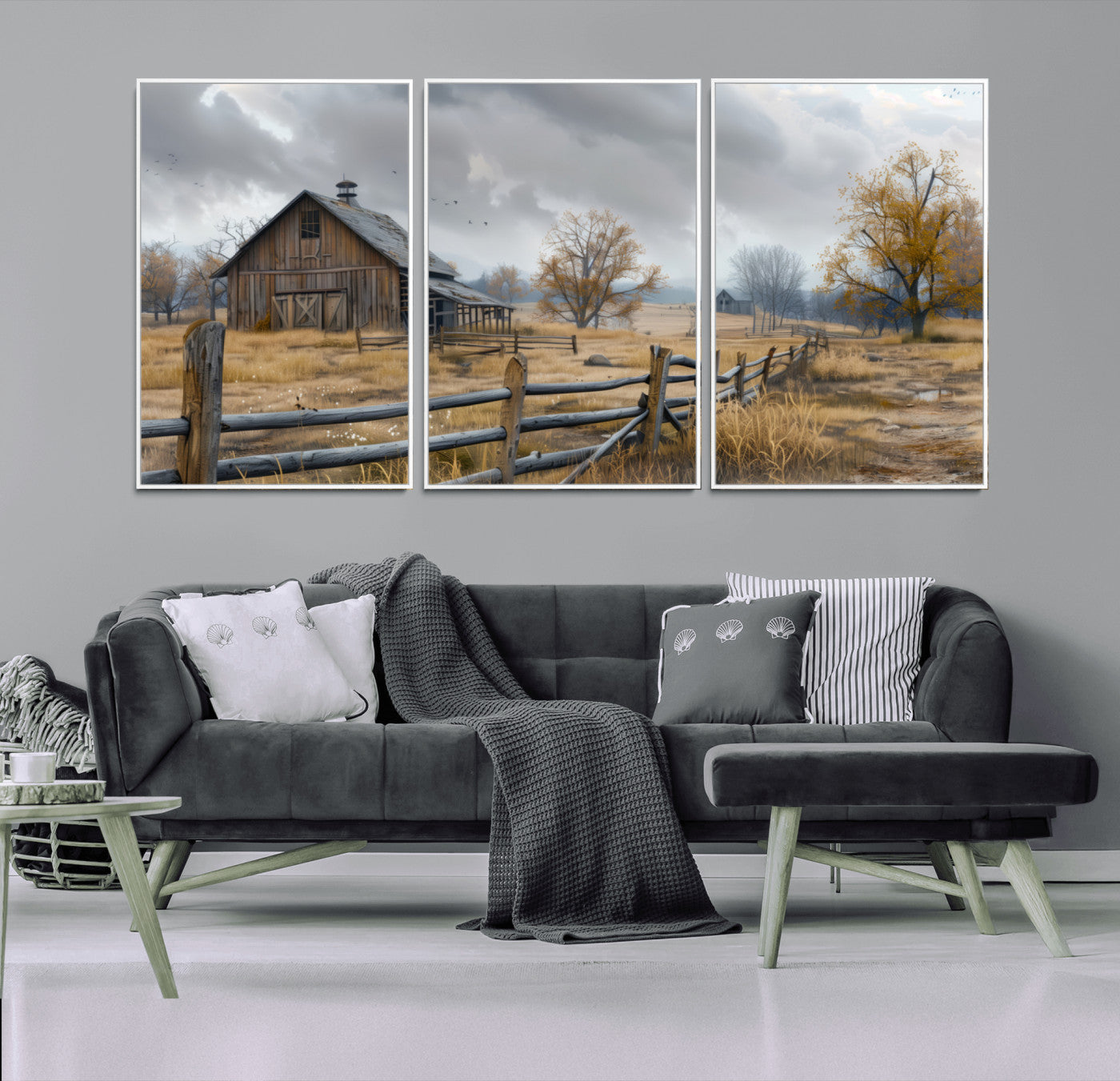 A tranquil rural scene featuring a rustic barn, overcast skies, and golden fields with scattered trees, evoking a sense of peaceful solitude in nature.