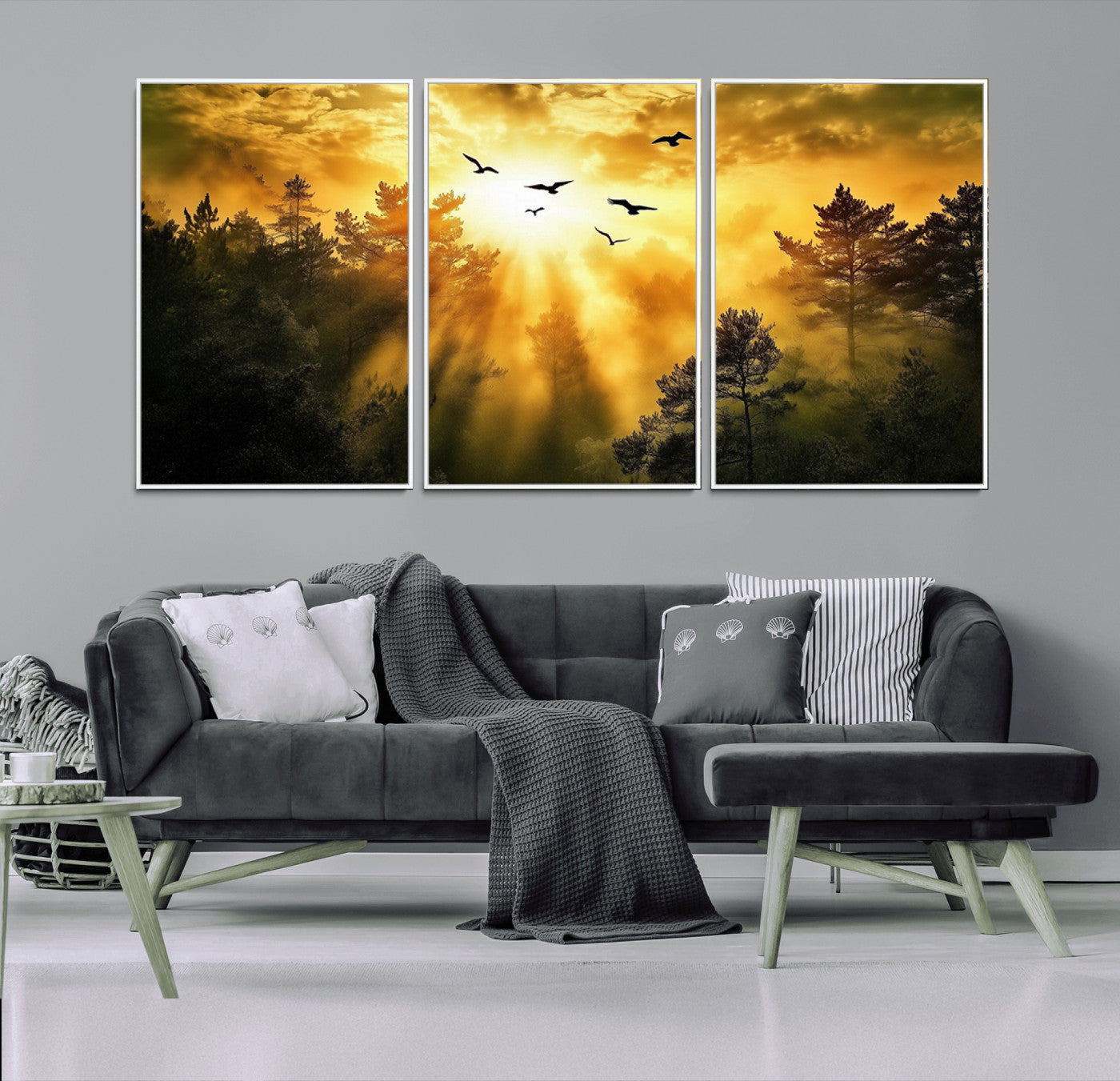 Canvas of a golden forest at sunset with birds flying through glowing sunbeams and silhouetted pine trees, ideal for warm-toned rustic decor.