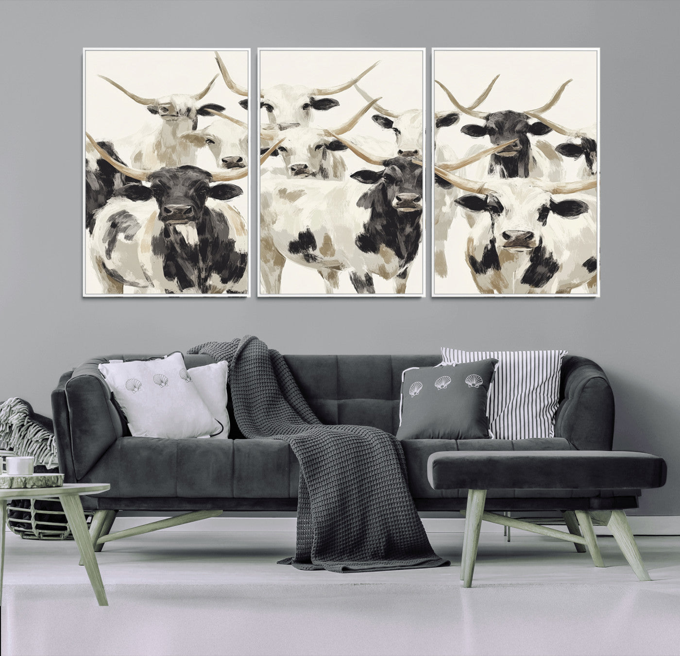 Canvas of a Texas Longhorn cattle herd in neutral black and white tones, ideal for rustic farmhouse or western-themed decor.
