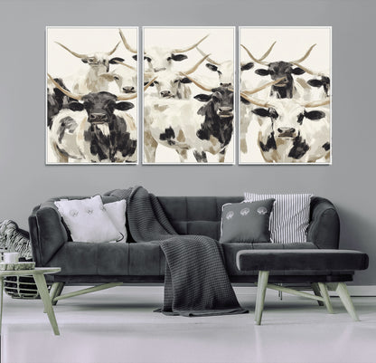 Canvas of a Texas Longhorn cattle herd in neutral black and white tones, ideal for rustic farmhouse or western-themed decor.