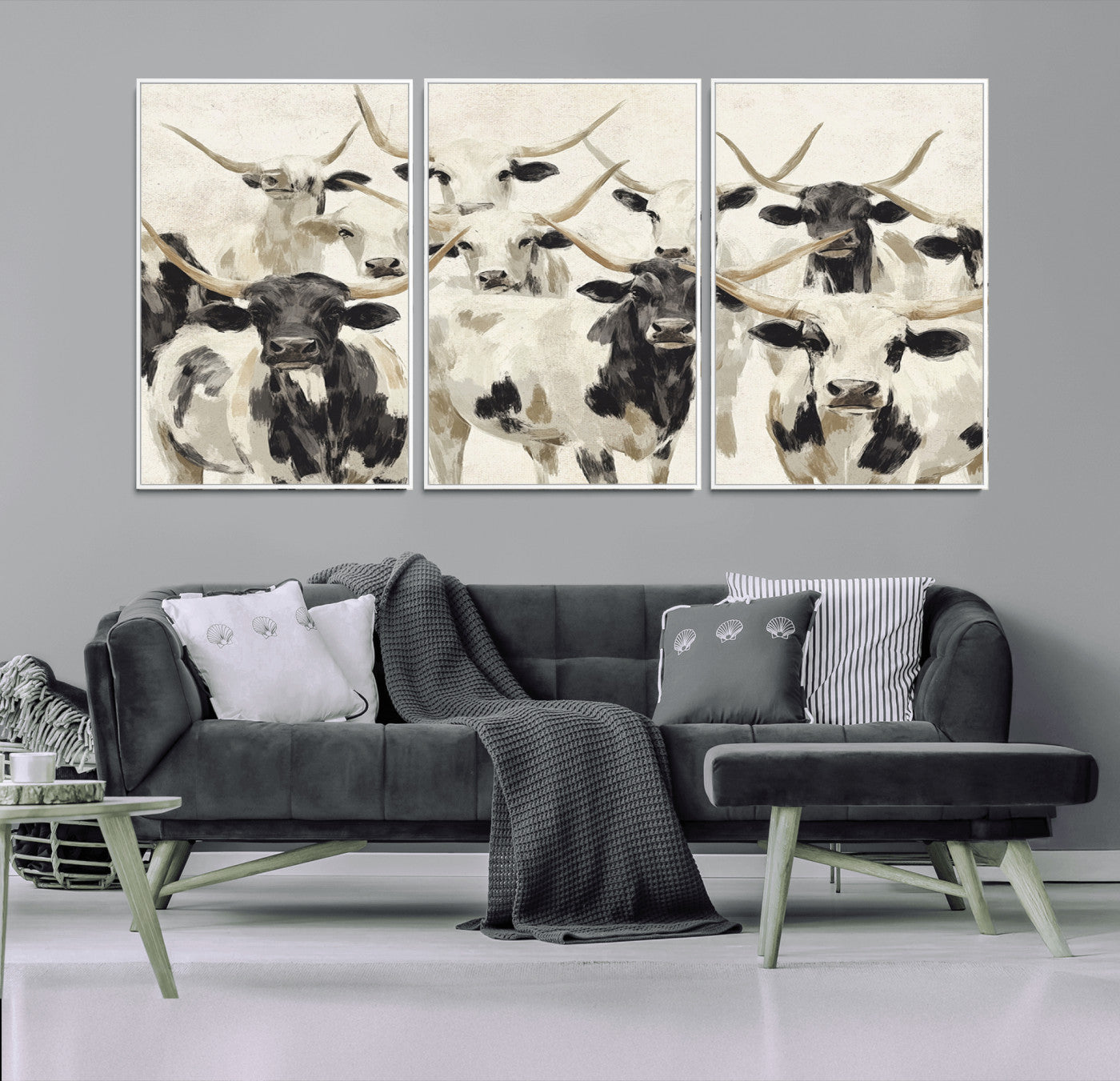Canvas of a Texas Longhorn cattle herd in neutral black and white tones, ideal for rustic farmhouse or western-themed decor.