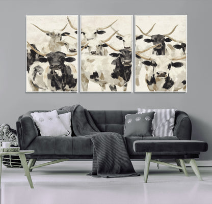 Canvas of a Texas Longhorn cattle herd in neutral black and white tones, ideal for rustic farmhouse or western-themed decor.