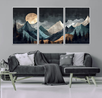 Stylized canvas of layered mountains under a full moon in neutral moody tones, ideal for nature-inspired or modern rustic interiors.