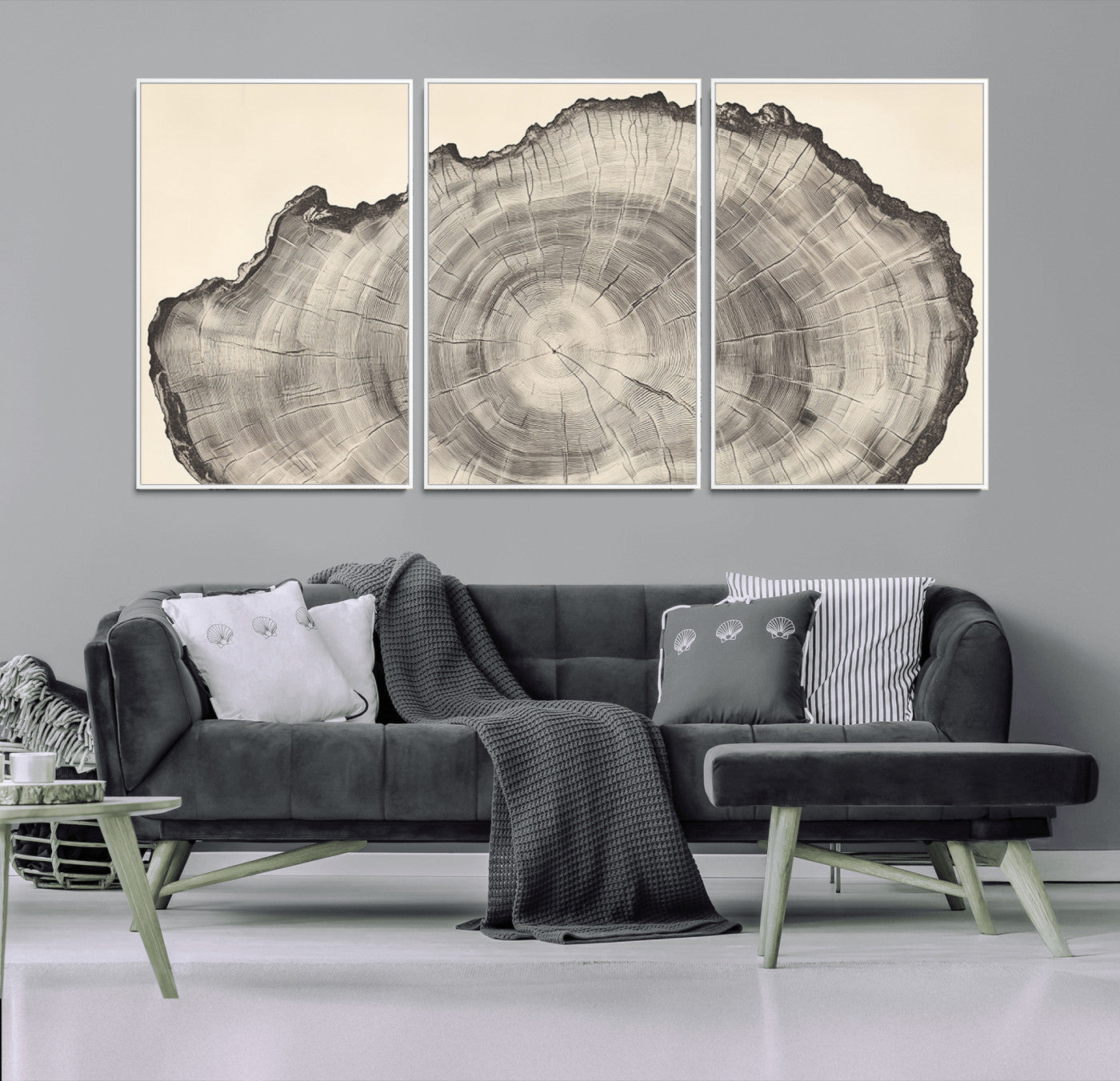 Detailed tree ring drawing in monochrome tones, ideal for rustic or nature-inspired interiors with a minimal decor aesthetic.