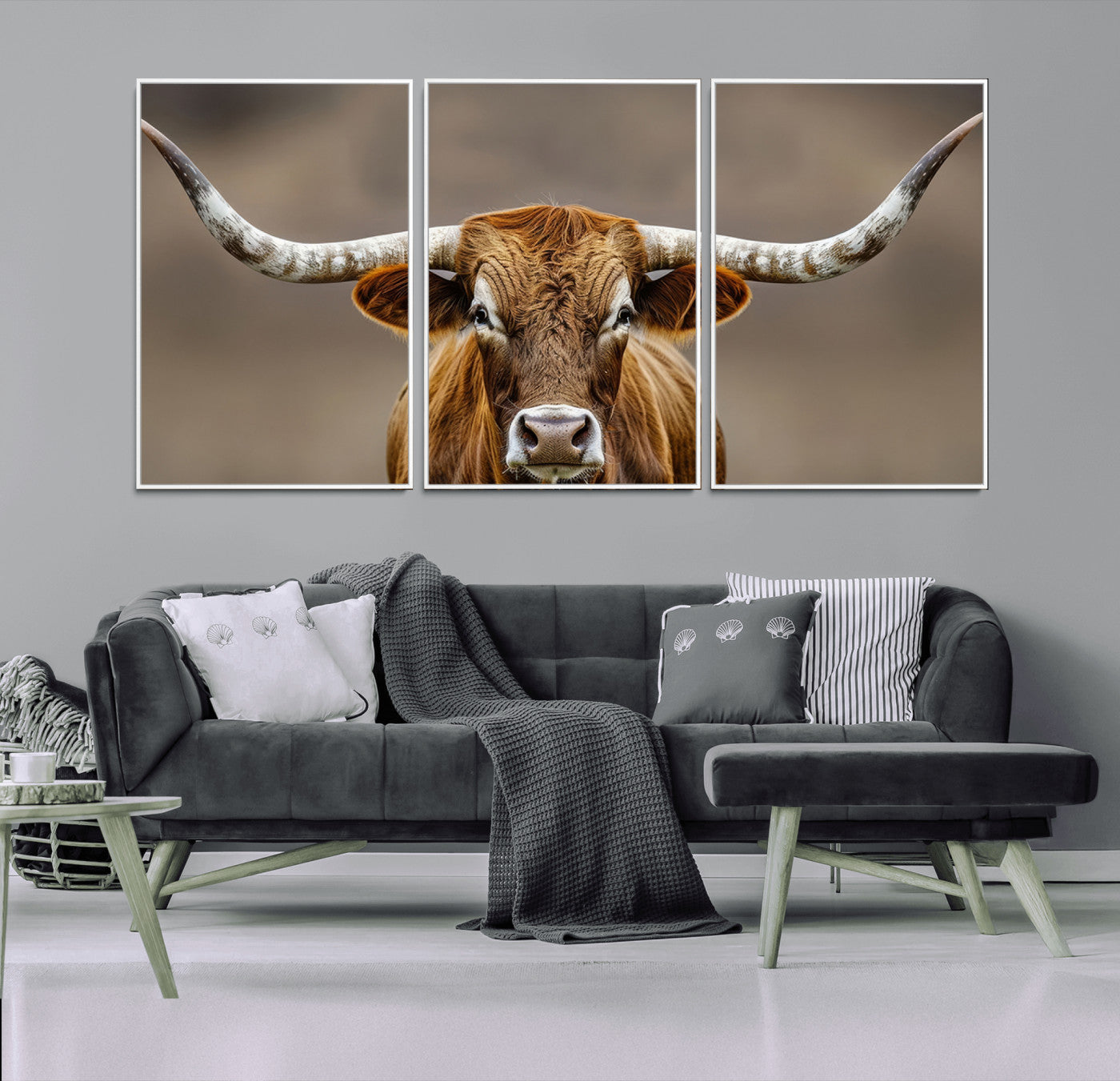 Close-up of a Texas Longhorn with strong curved horns and warm brown tones, perfect for rustic or western-style wall decor.
