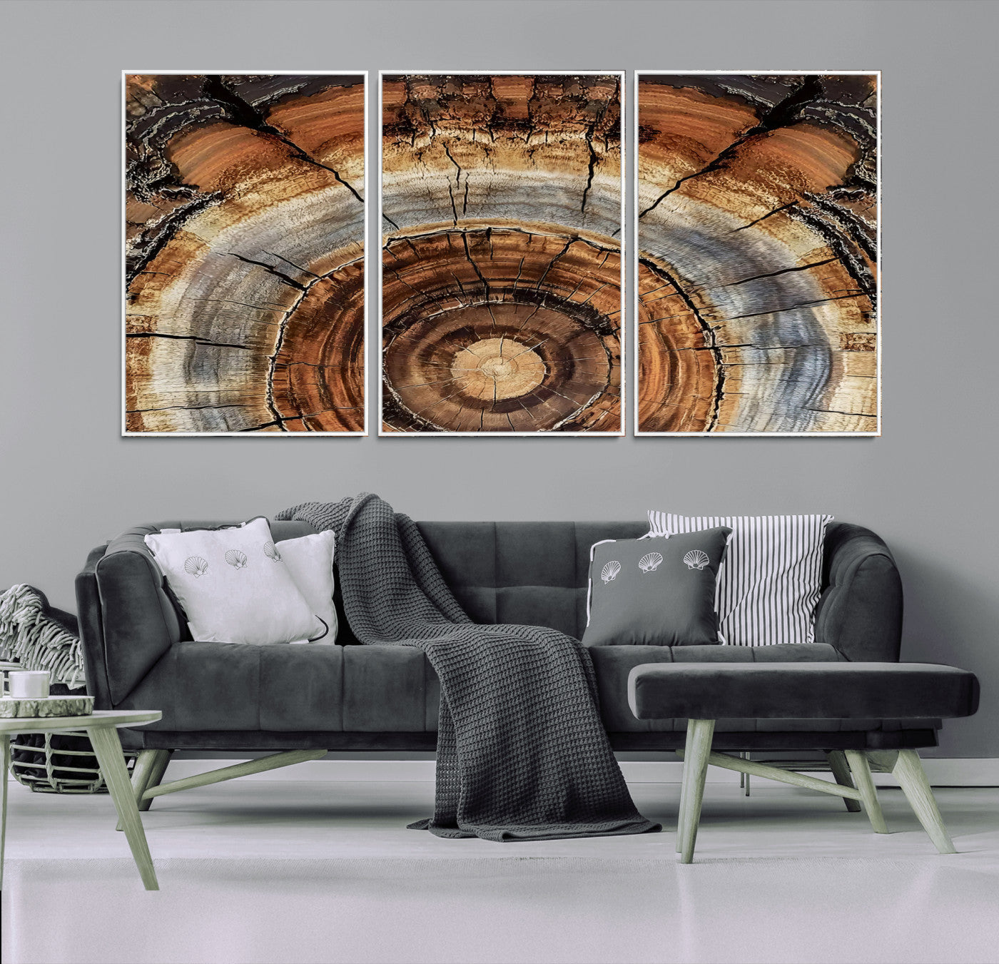 Canvas of tree rings and natural wood grain in earthy tones, ideal for rustic or vintage-inspired home decor with organic textures.