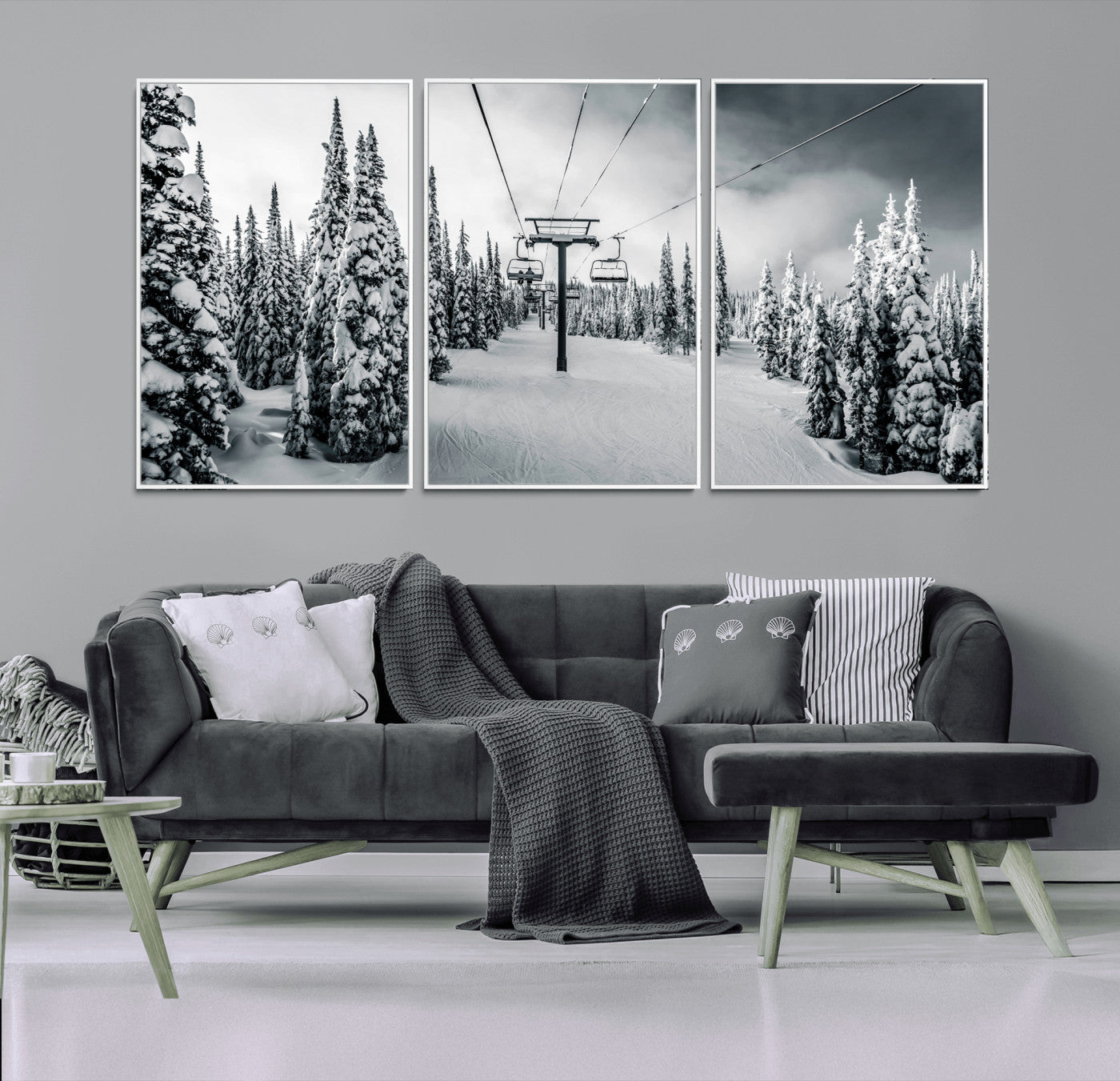 Canvas of a snowy ski lift scene through a forest of tall pine trees, ideal for moody winter or alpine-themed home decor.