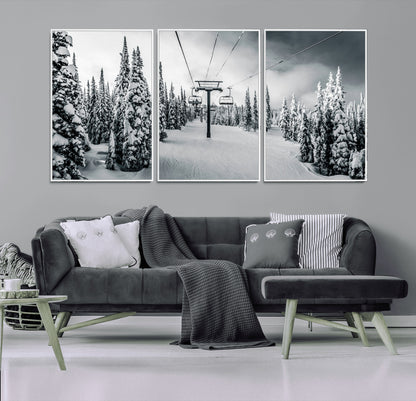 Canvas of a snowy ski lift scene through a forest of tall pine trees, ideal for moody winter or alpine-themed home decor.
