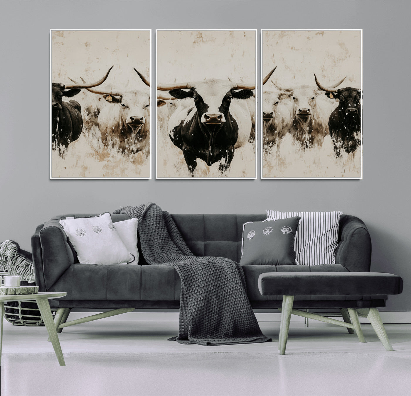 Illustrated herd of longhorn cattle in black and white tones with a neutral textured background, perfect for rustic or farmhouse-style decor.