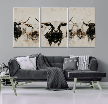Illustrated herd of longhorn cattle in black and white tones with a neutral textured background, perfect for rustic or farmhouse-style decor.