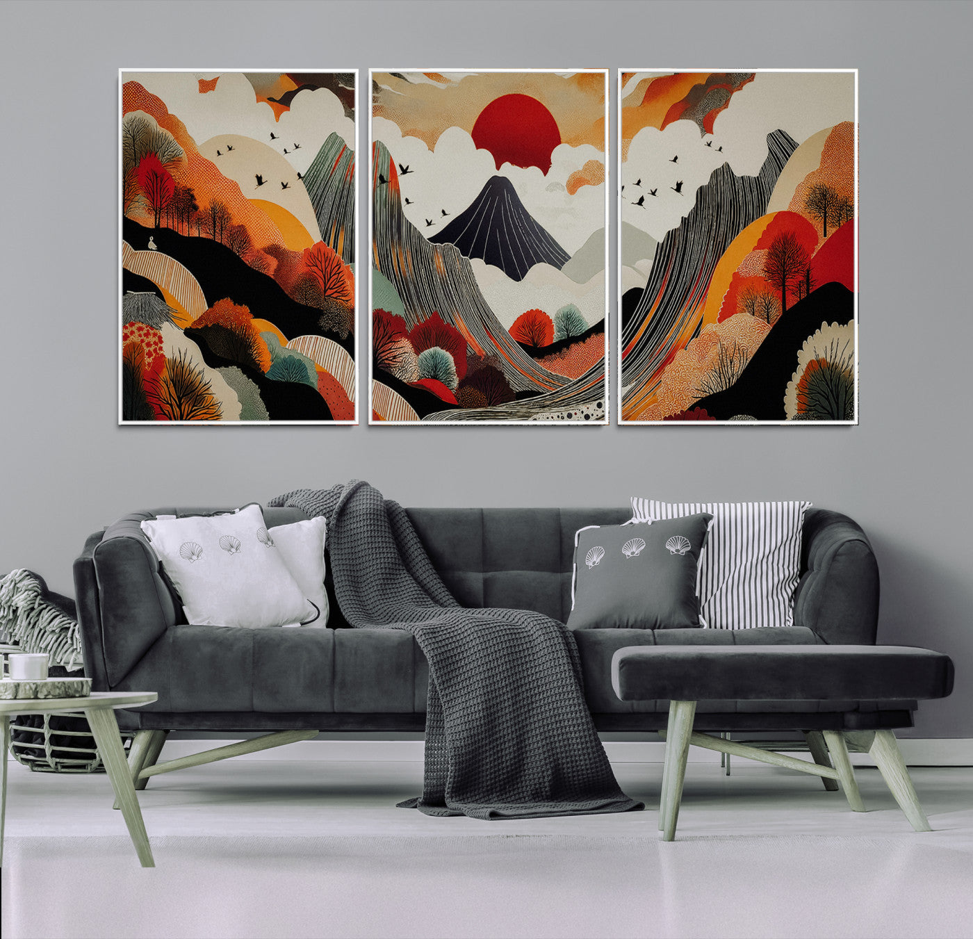 Abstract Mountain Wall Art Canvas Print, Vibrant Landscape Print, Framed Stylized Nature Drawing Art Print, Large Sunset Mountains Printing Perfect for Contemporary Minimalist Decor