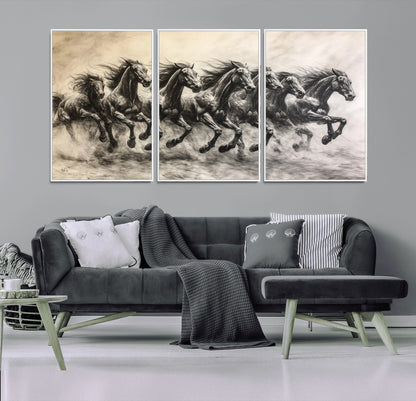 Monochrome drawing of a herd of galloping horses, perfect for dynamic and wild-themed decor in any equestrian or nature-inspired room.