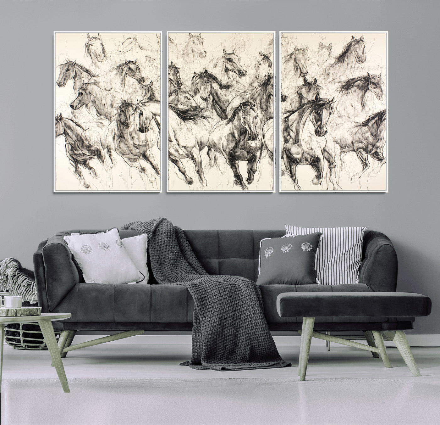 Monochrome ink sketch of galloping horses in dynamic motion, perfect for western or equine-themed wall decor with bold artistic energy.