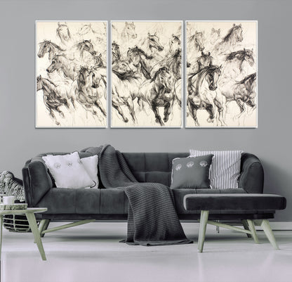 Monochrome ink sketch of galloping horses in dynamic motion, perfect for western or equine-themed wall decor with bold artistic energy.