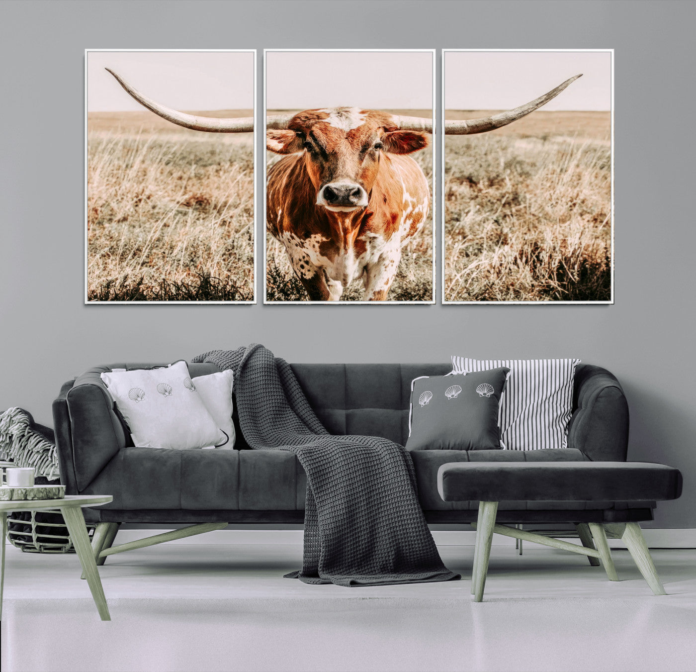 Framed longhorn cow canvas wall art with rustic prairie background, western animal print perfect for farmhouse or ranch style decor