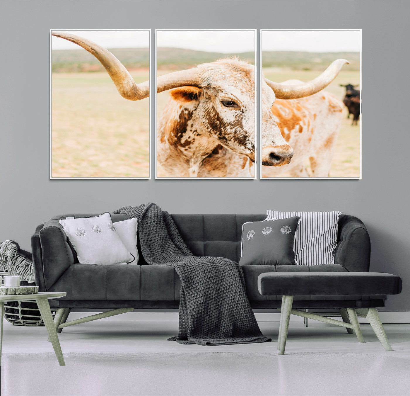 Close-up of a speckled Texas Longhorn in warm prairie tones, perfect for rustic western or countryside-themed room decor.