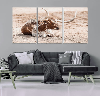 Texas Longhorn bull resting on dusty ground with warm tones, ideal for rustic western or farmhouse-themed wall decor.