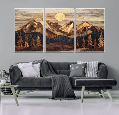 Mountain Landscape Wall Art Print - Sunset Hills Canvas Print, featuring an abstract nature scene with earthy tones and misty peaks, perfect for boho and modern decor.