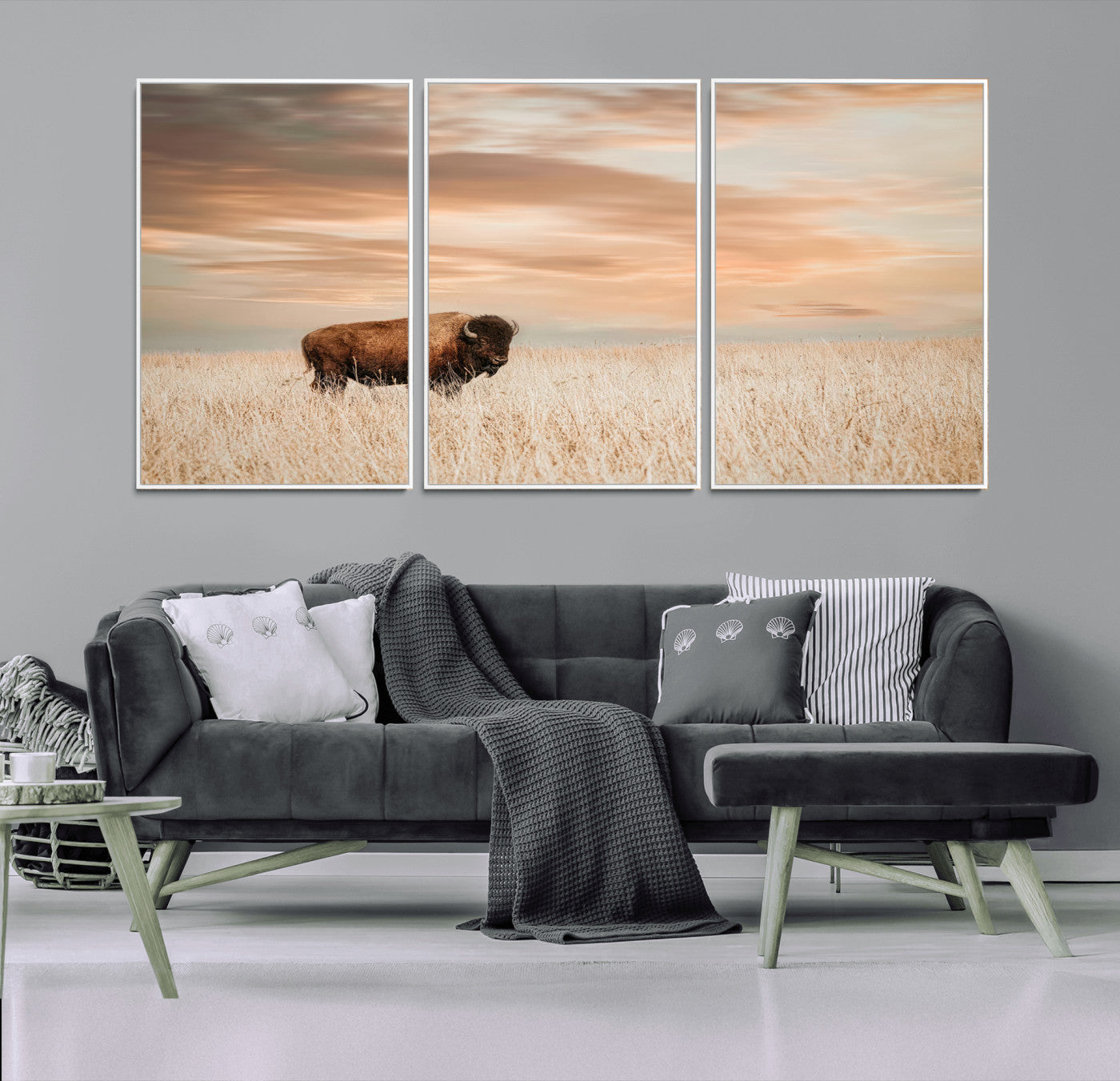 Bison Wall Art Print - Buffalo Canvas Print, featuring a lone bison in a golden prairie under a warm sunset sky, perfect for rustic and farmhouse decor.