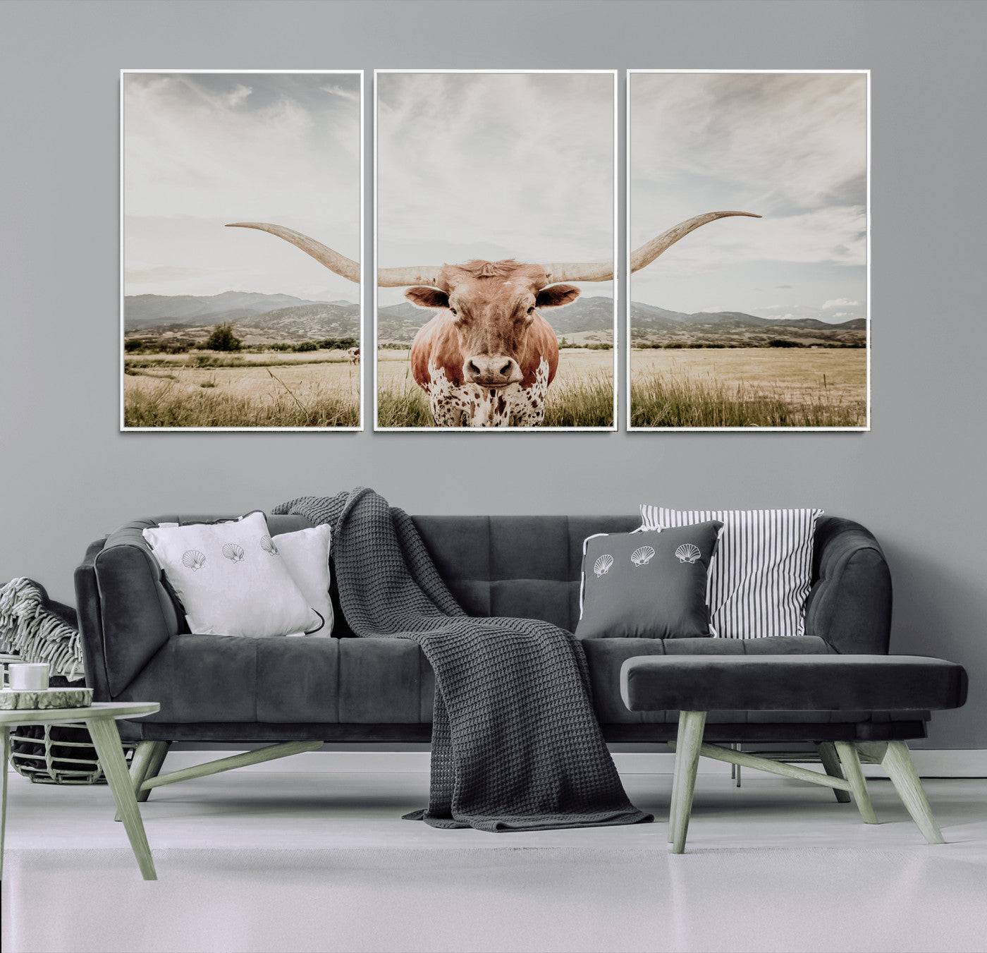 Longhorn Wall Art Print - Western Cow Canvas Print, featuring a majestic Texas longhorn in a rustic prairie setting, perfect for farmhouse and western decor.