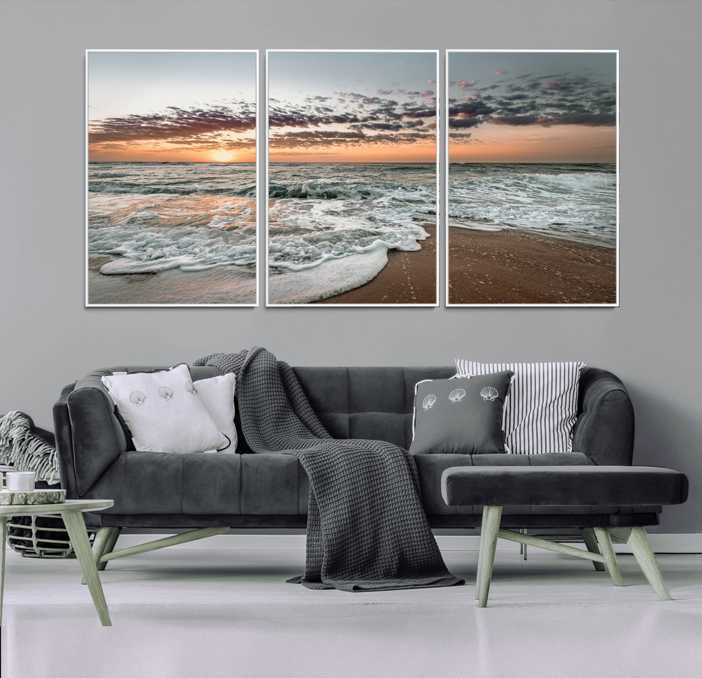 Ocean Sunset Wall Art Print - Beach Waves Canvas Print, featuring a serene seascape with golden sunlight reflecting on gentle waves, perfect for coastal and minimalist decor.