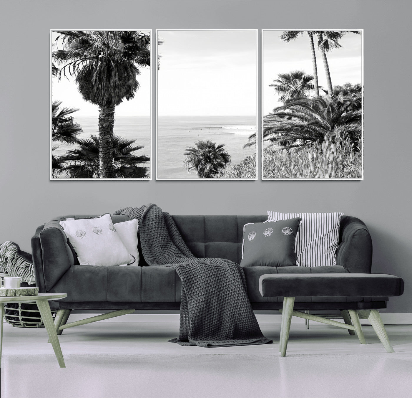 Monochrome canvas of palm trees framing a coastal surf scene, perfect for California-inspired or retro black-and-white beach decor.