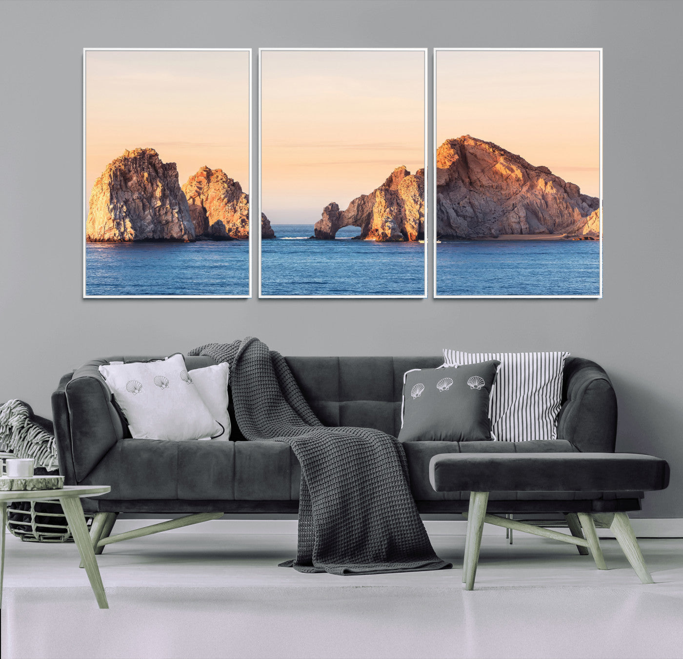 Framed canvas of El Arco rock formation in Cabo San Lucas at golden hour, ideal for coastal landmark or ocean-inspired decor.