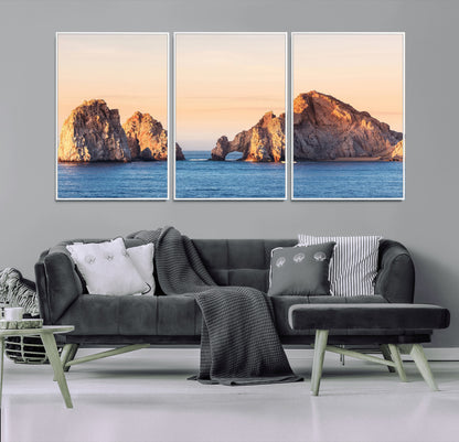 Framed canvas of El Arco rock formation in Cabo San Lucas at golden hour, ideal for coastal landmark or ocean-inspired decor.