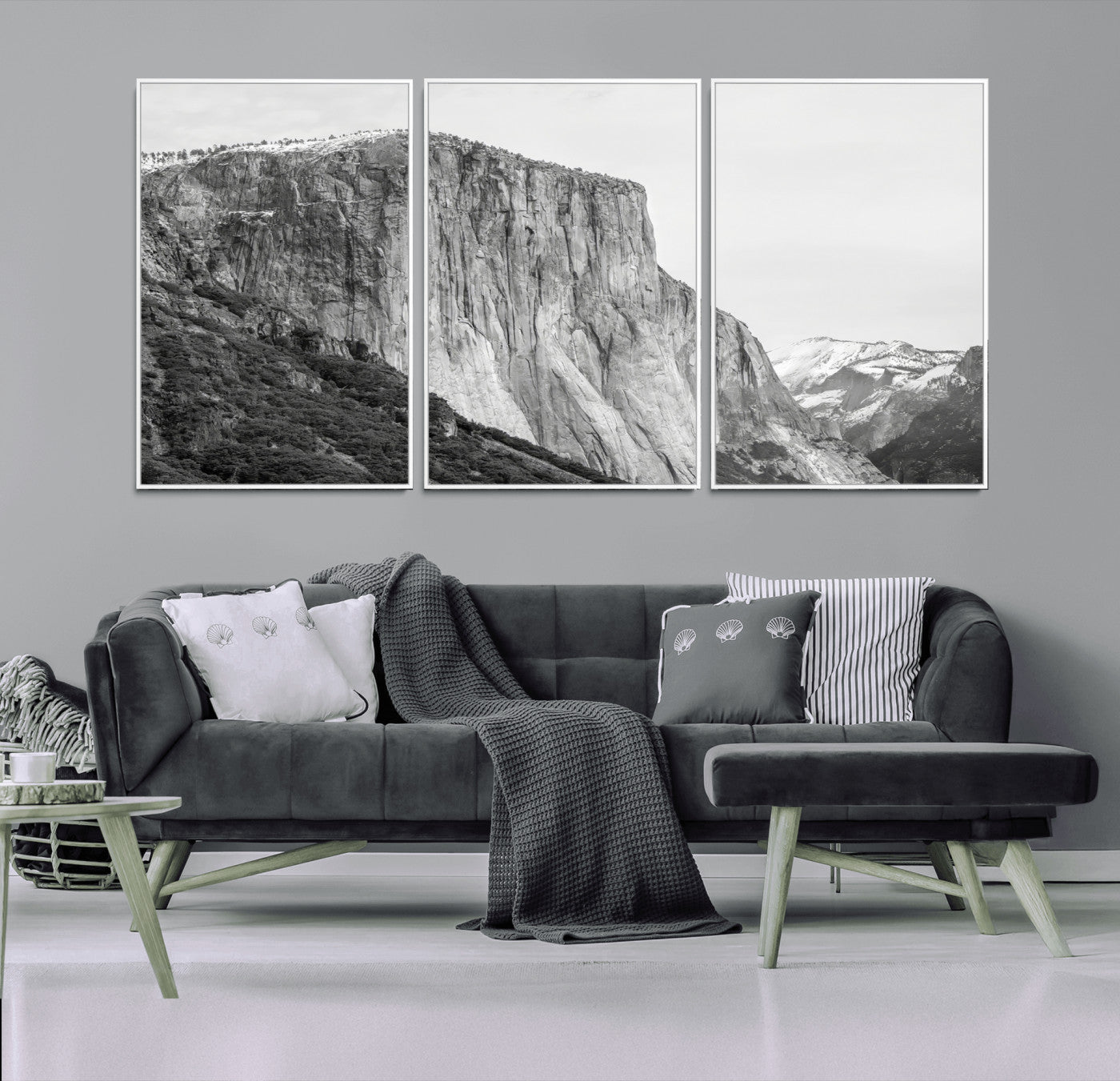 Monochrome canvas of El Capitan’s granite wall in Yosemite with snowy peaks, ideal for dramatic mountain or black-and-white nature decor.