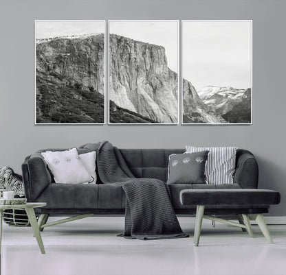 Monochrome canvas of El Capitan’s granite wall in Yosemite with snowy peaks, ideal for dramatic mountain or black-and-white nature decor.