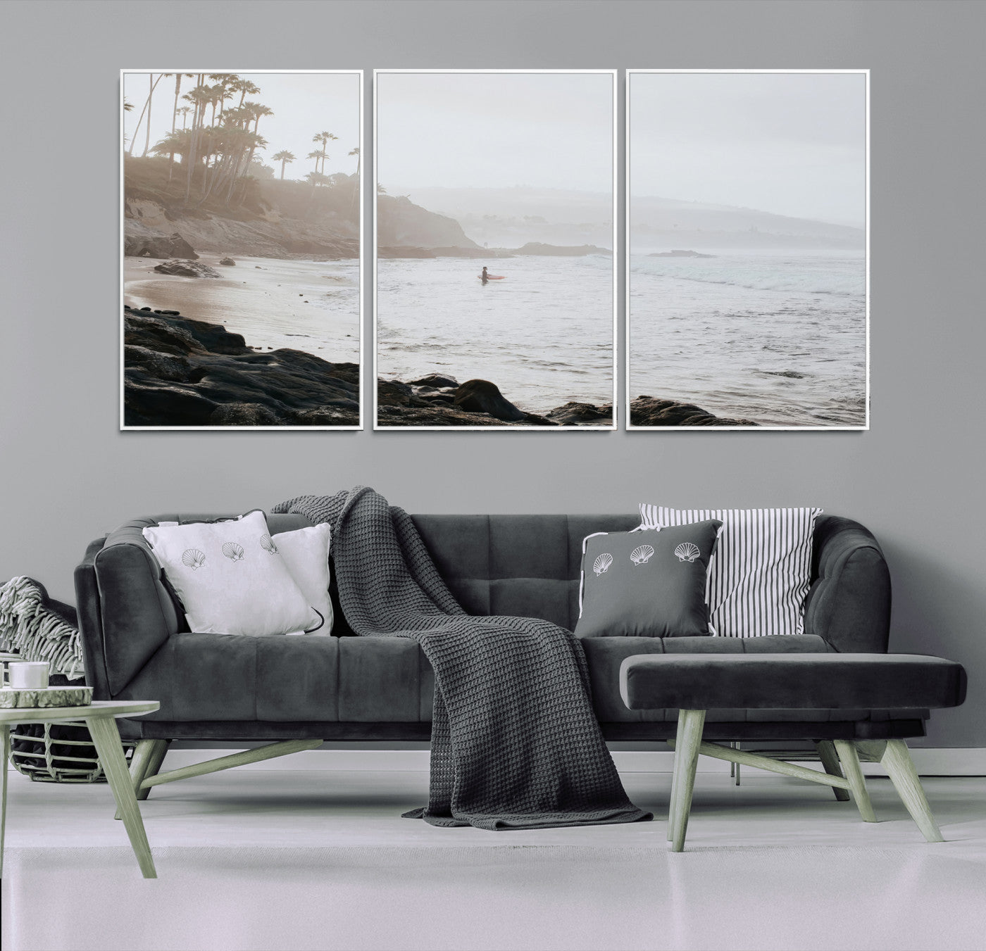 Framed canvas of a surfer in misty coastal tones at a foggy California beach, ideal for minimalist coastal beach or serene ocean-themed decor.