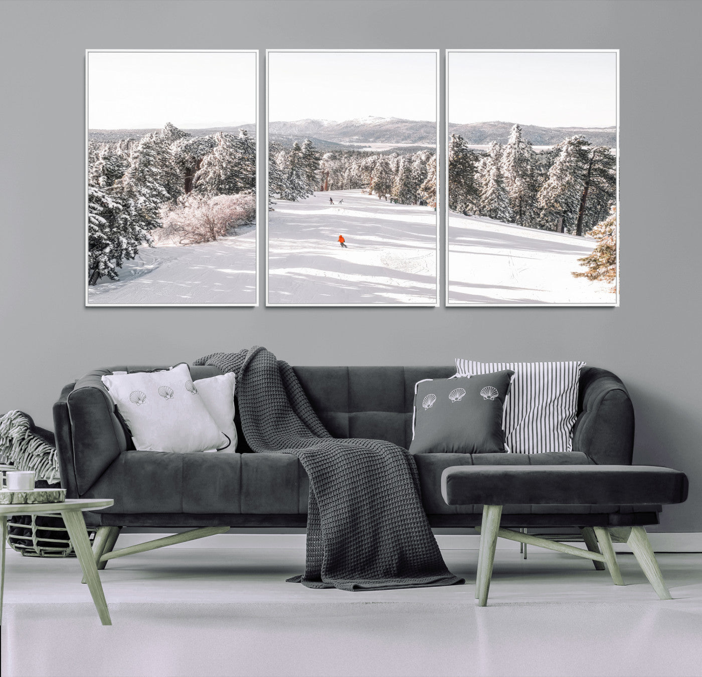 Bright ski trail lined with snow-covered pines and a skier in orange, perfect for alpine adventure or winter sports-inspired decor.