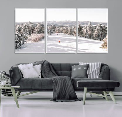 Bright ski trail lined with snow-covered pines and a skier in orange, perfect for alpine adventure or winter sports-inspired decor.