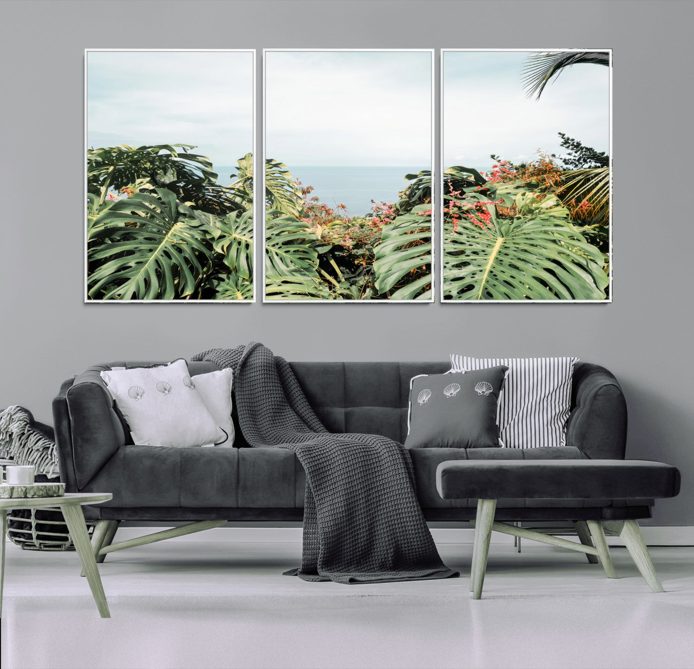 Monstera leaves and tropical flowers framing a calm ocean view, ideal for tropical coastal or exotic jungle-style interior wall decor.