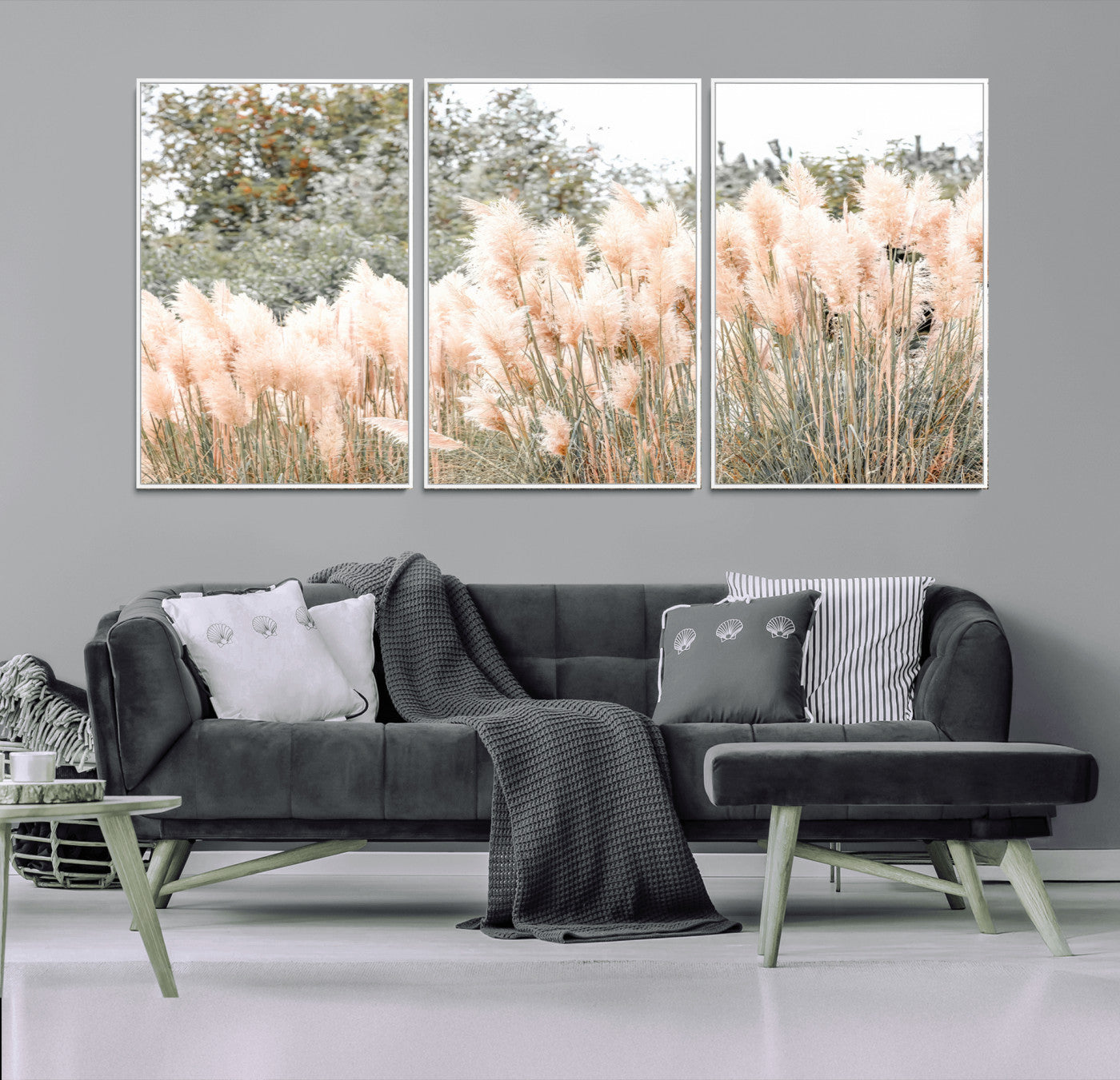 Soft pastel pampas grasses in a natural setting, ideal for neutral boho or rustic botanical-style interior wall decoration.