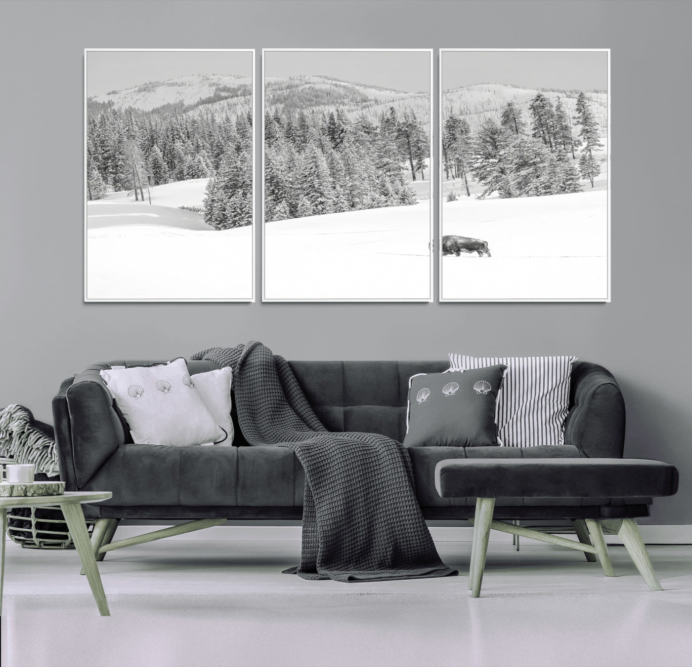 Snowy bison walking through white forest landscape, ideal for monochrome winter or wilderness-style interior wall decoration.