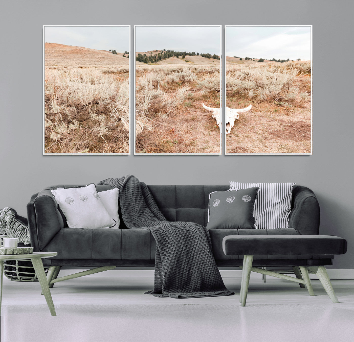 Rustic bull skull on dry sagebrush field under soft light, ideal for western minimal or desert prairie-style wall decoration.