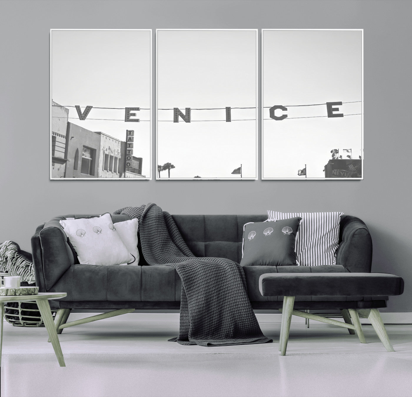 Black and white photo of Venice Beach sign and palm-lined street, perfect for urban coastal or minimalist LA-inspired wall decoration.