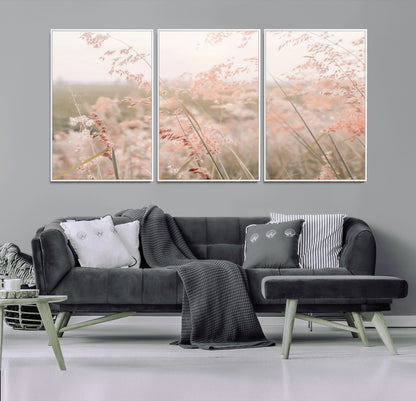Soft pastel field with wild grasses in warm light, ideal for minimal nature or airy countryside-inspired interior wall decoration.