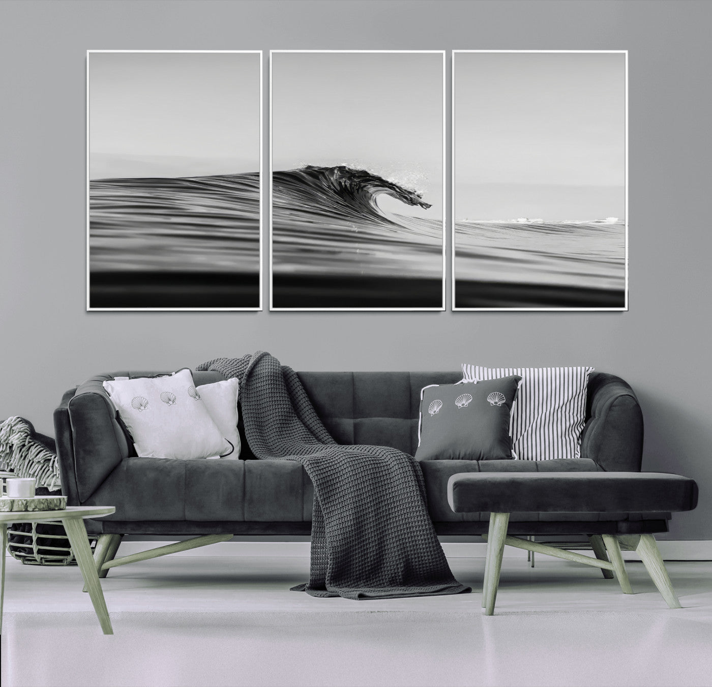Striking black and white photo of a curling wave, ideal for modern coastal or minimalist wall decor settings.