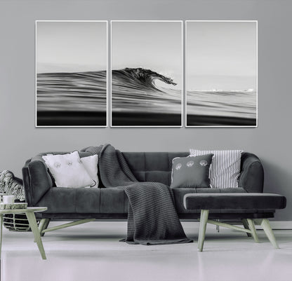 Striking black and white photo of a curling wave, ideal for modern coastal or minimalist wall decor settings.