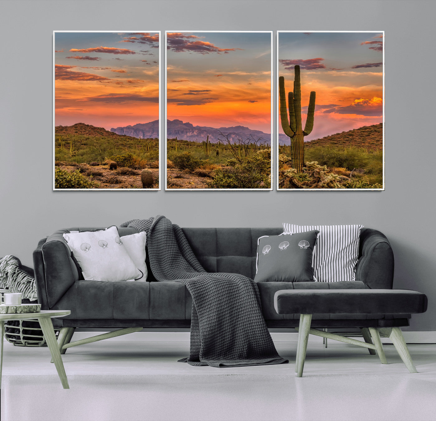 Vibrant desert sunset with saguaro cacti and distant mountains, perfect for Southwestern or warm-toned home decor.