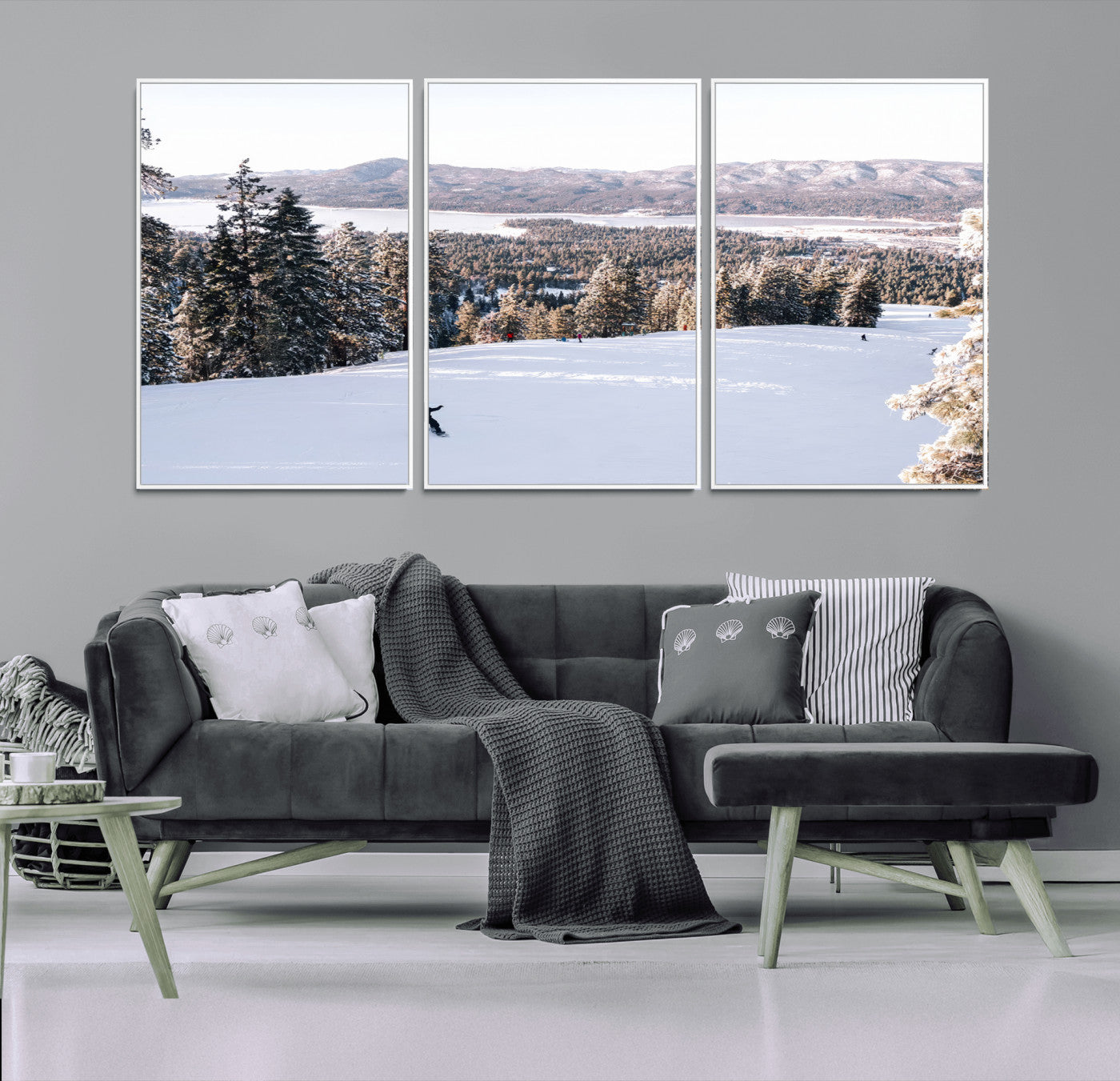 Canvas of a snowy mountain ski slope with pine trees and bright winter light, ideal for modern rustic or alpine-inspired home decor.