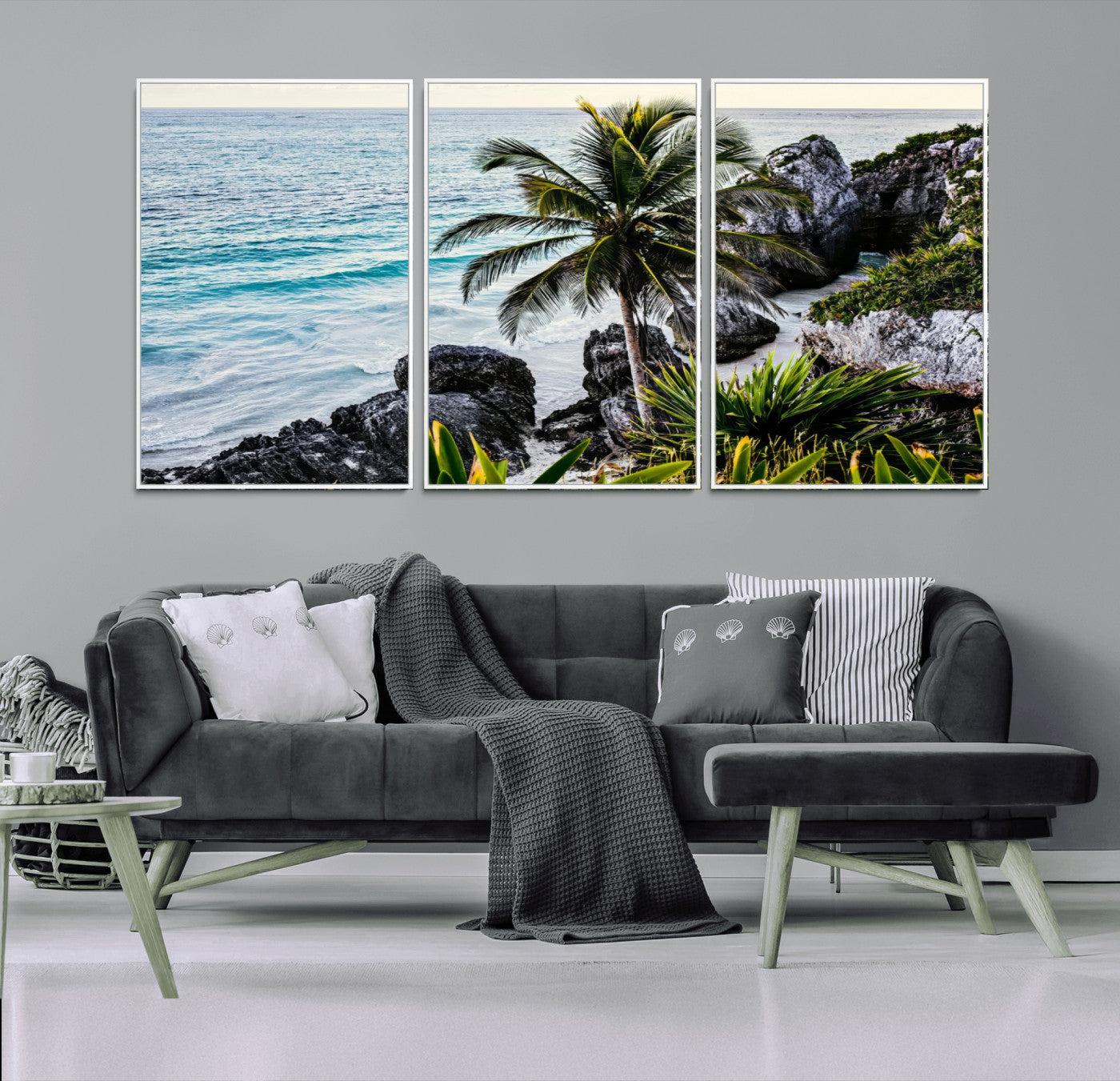 Framed canvas of a vibrant tropical coastline with palm trees, rocky cliffs, and turquoise waters, ideal for tropical coastal home decor.