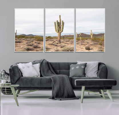 Canvas of a saguaro cactus in an earthy Sonoran desert landscape, ideal for Southwestern Boho or desert minimalism inspired home decor.   2/2